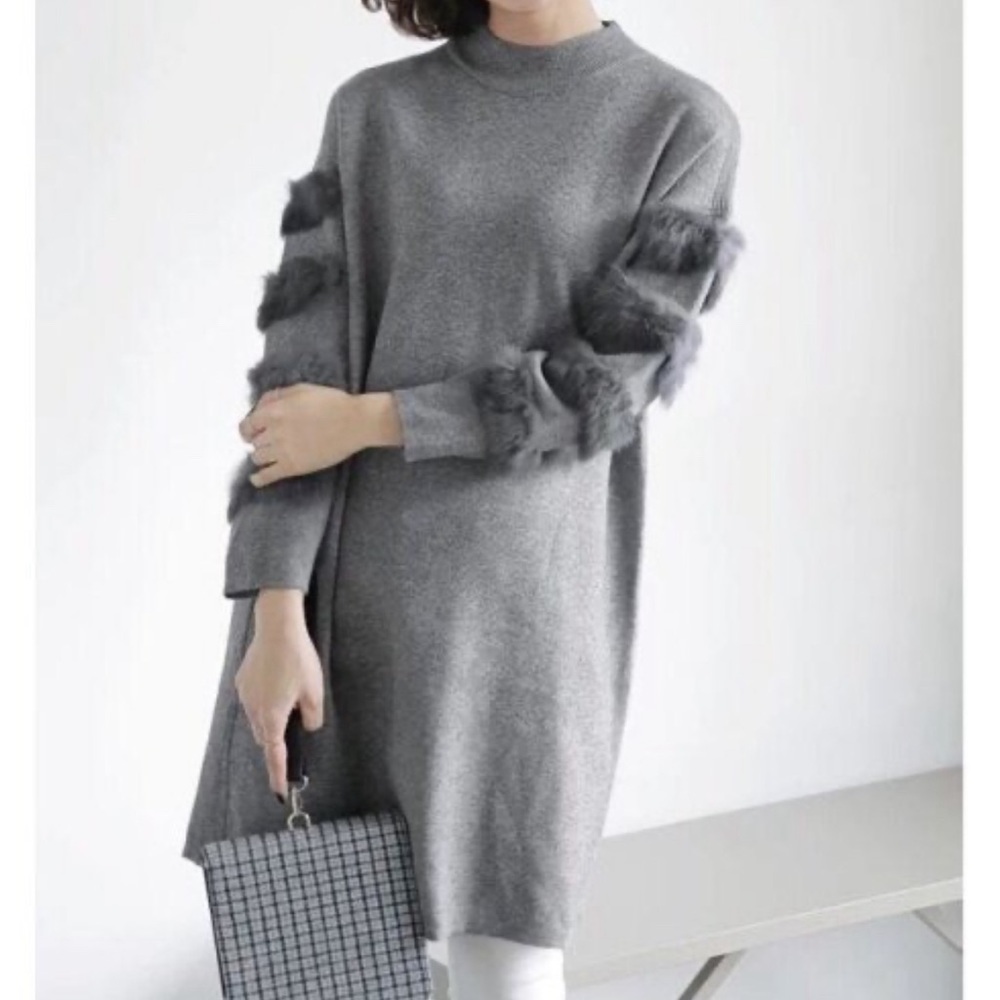 Joy‎ Joy Female Hairy Fur Splicing Long Sleeve Warm Fluffy Sweater dress SZ SM